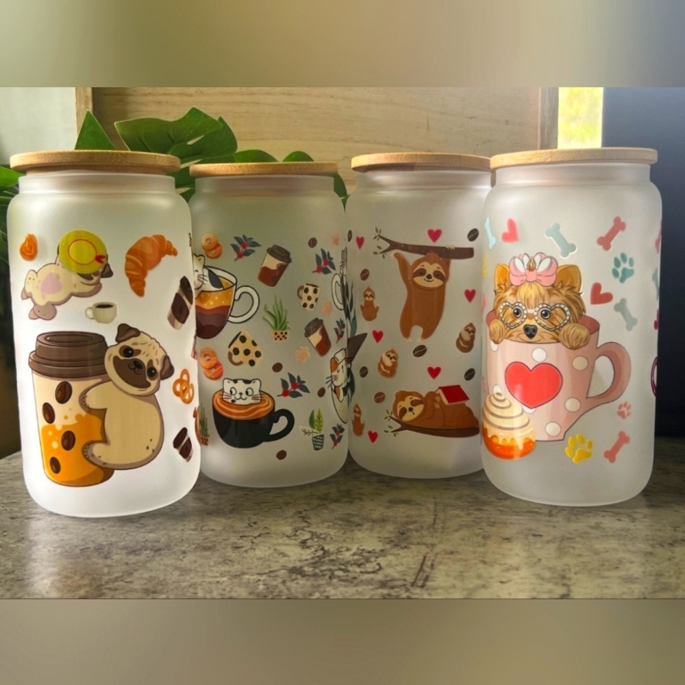 NWT Animal Lovers' Frosted Glass Tumbler w/Glass Straw 🐱🐶💗